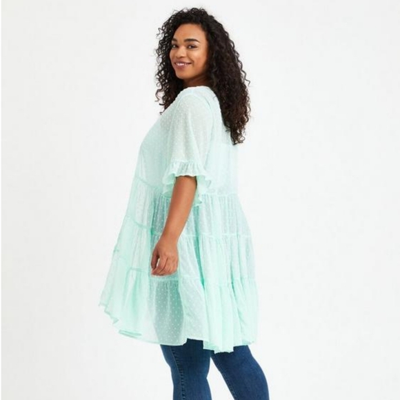 Torrid Size 12 Clip Dot Ruffle Kimono Mint Green - Picture 10 of 11